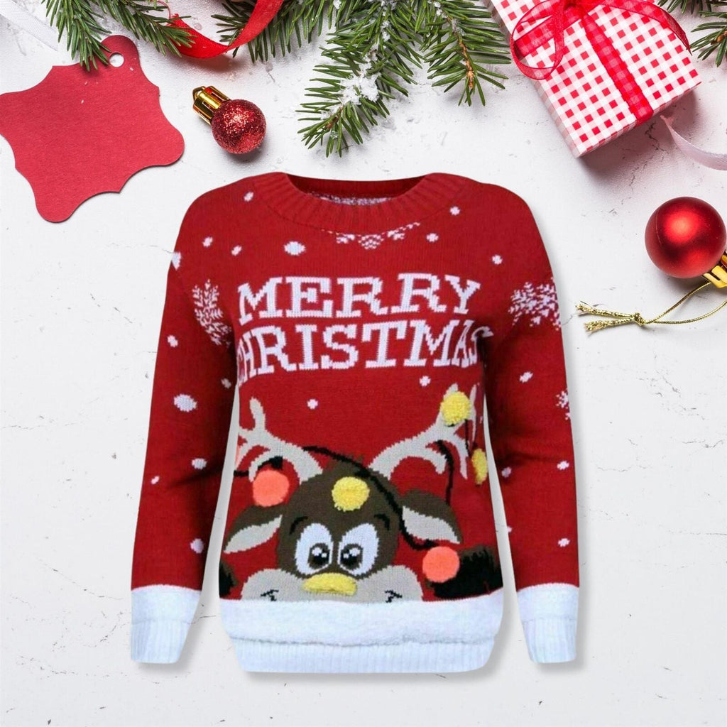 Kids 3D Pom Pom Rudolph Christmas Jumper Girls Boys Knitted Merry Xmas Sweater