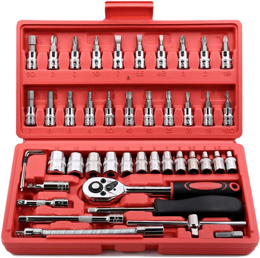 46 Pieces 1/4" Drive Socket Set&Tool Sets, Ratchet Wrench Set with Bit Socket Set Metric and Extension Bar for DIY, Car Repair and Household with Storage Case