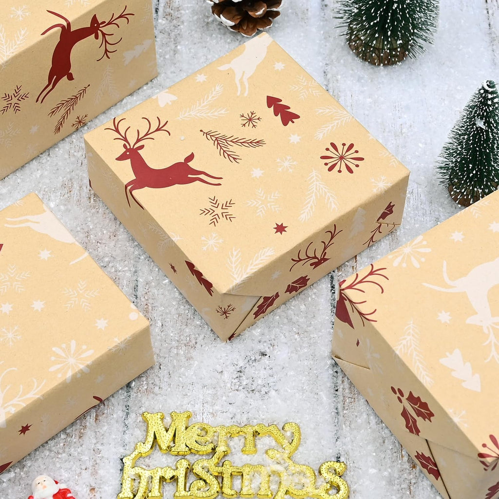 Christmas Wrapping Paper 5Pcs, 70 * 50Cm Brown Kraft Wrapping Paper for Xmas,Red White Deer Snowflake Design