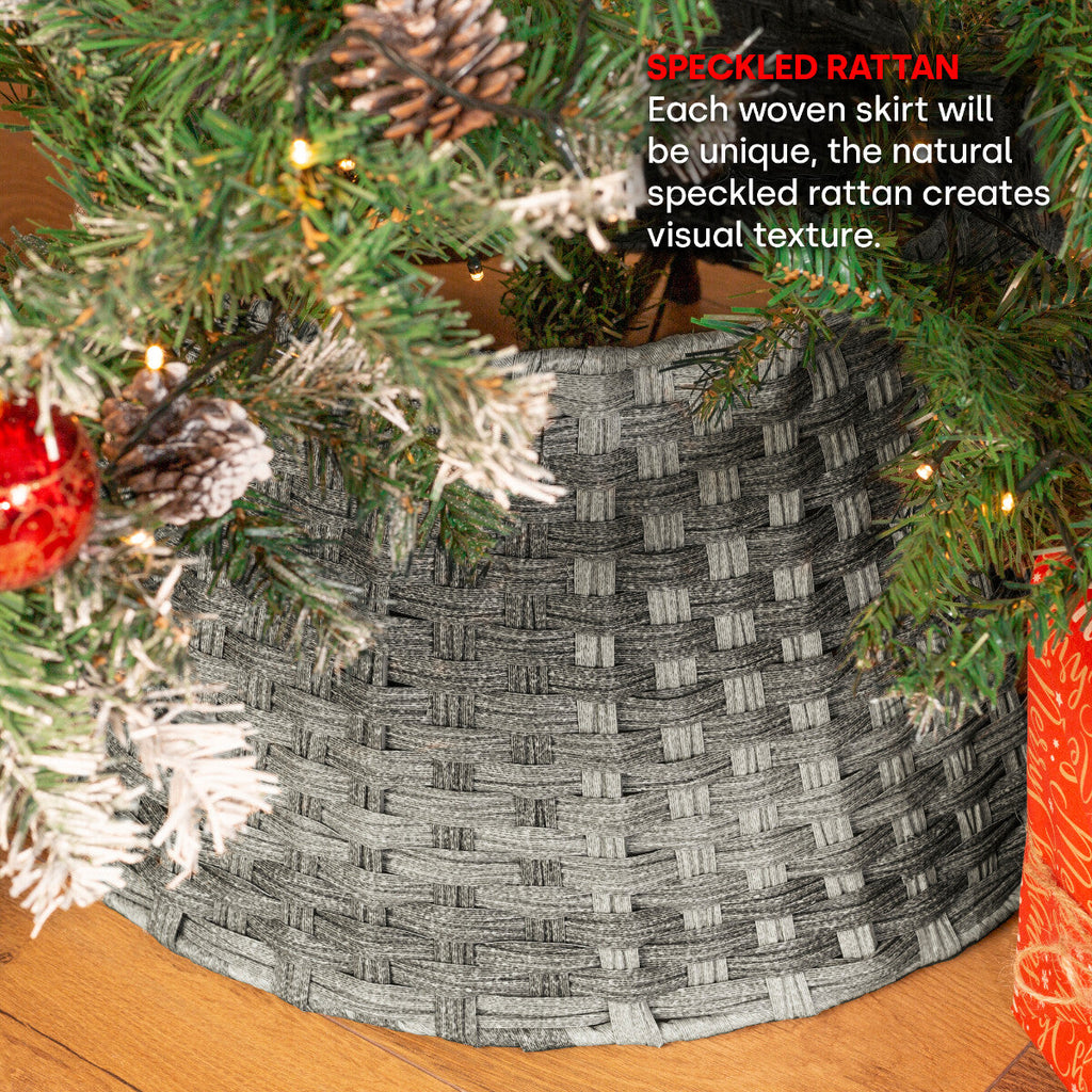 Xmas Christmas Tree Rattan Wicker Skirt Stand Base Basket Cover Tidy Decor Grey