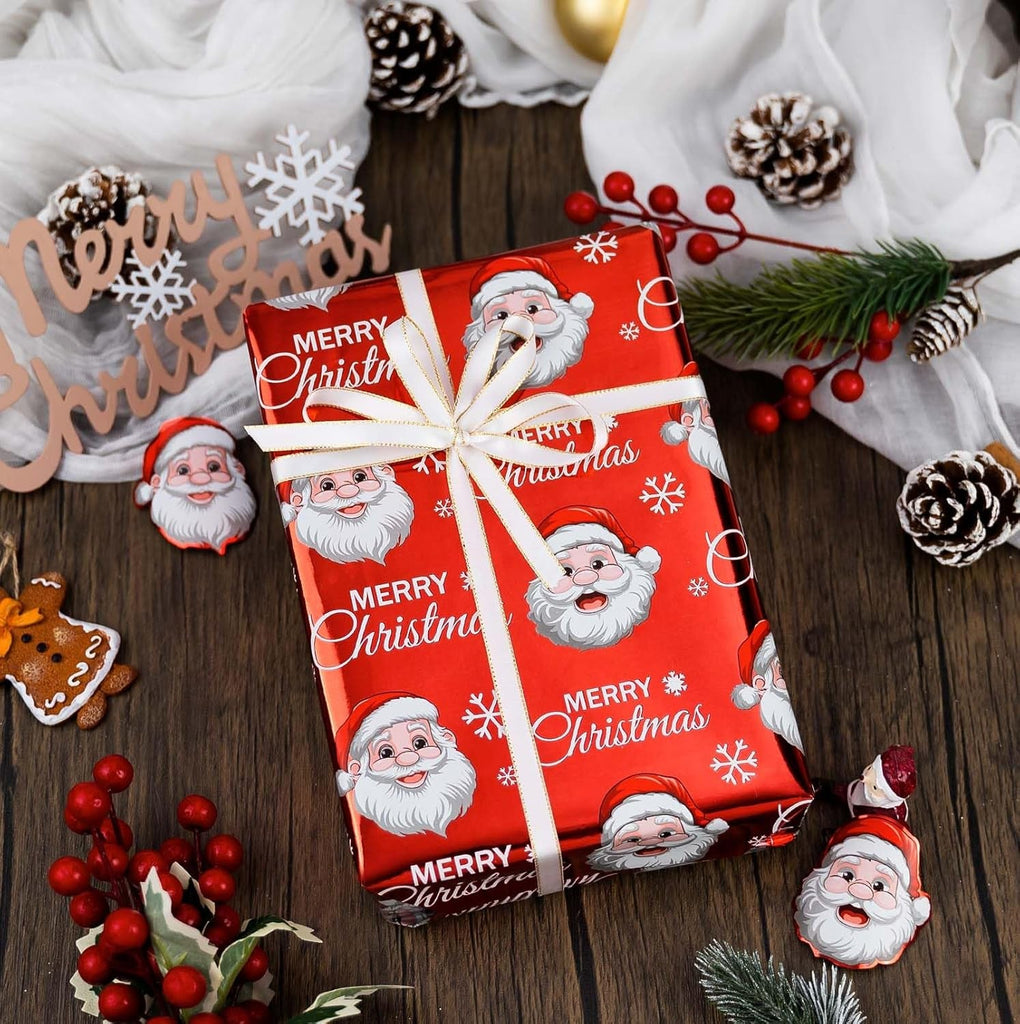 Christmas Wrapping Paper Roll - 43Cm X 10M Red White Metallic Foil Shine Cute Present Packing Paper - Santa Claus/Snowflakes/Merry Christmas Lettering Design