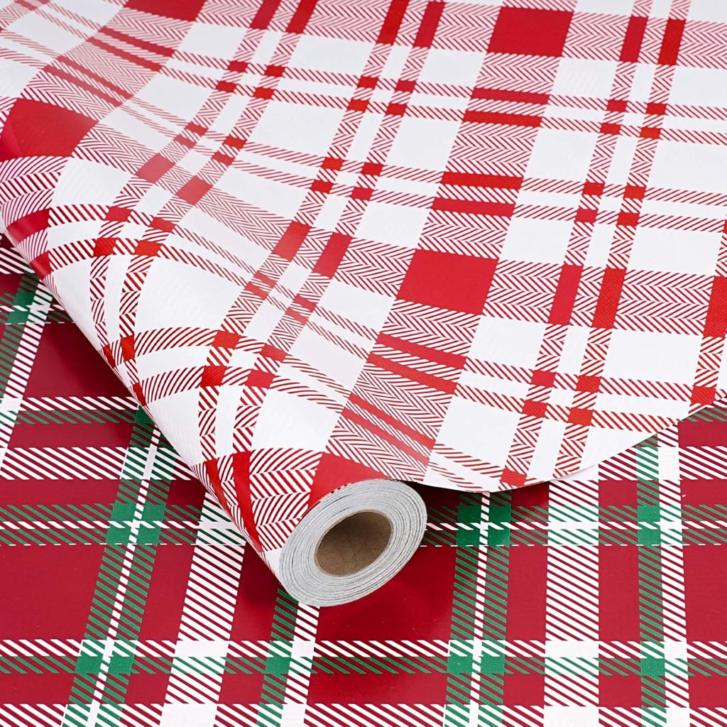 Reversible Christmas Wrapping Paper Roll, Classic Red & White Plaid Gift Wrap for Christmas, Holiday, Winter Party, 43Cm X 10M