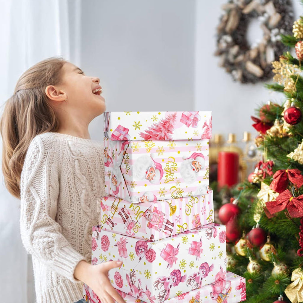 Pink Christmas Wrapping Paper - 5 X 3M Pink Xmas Wrapping Paper Rolls for Gift Boxes Festival Decoration, 43.2CM Wide, 15M