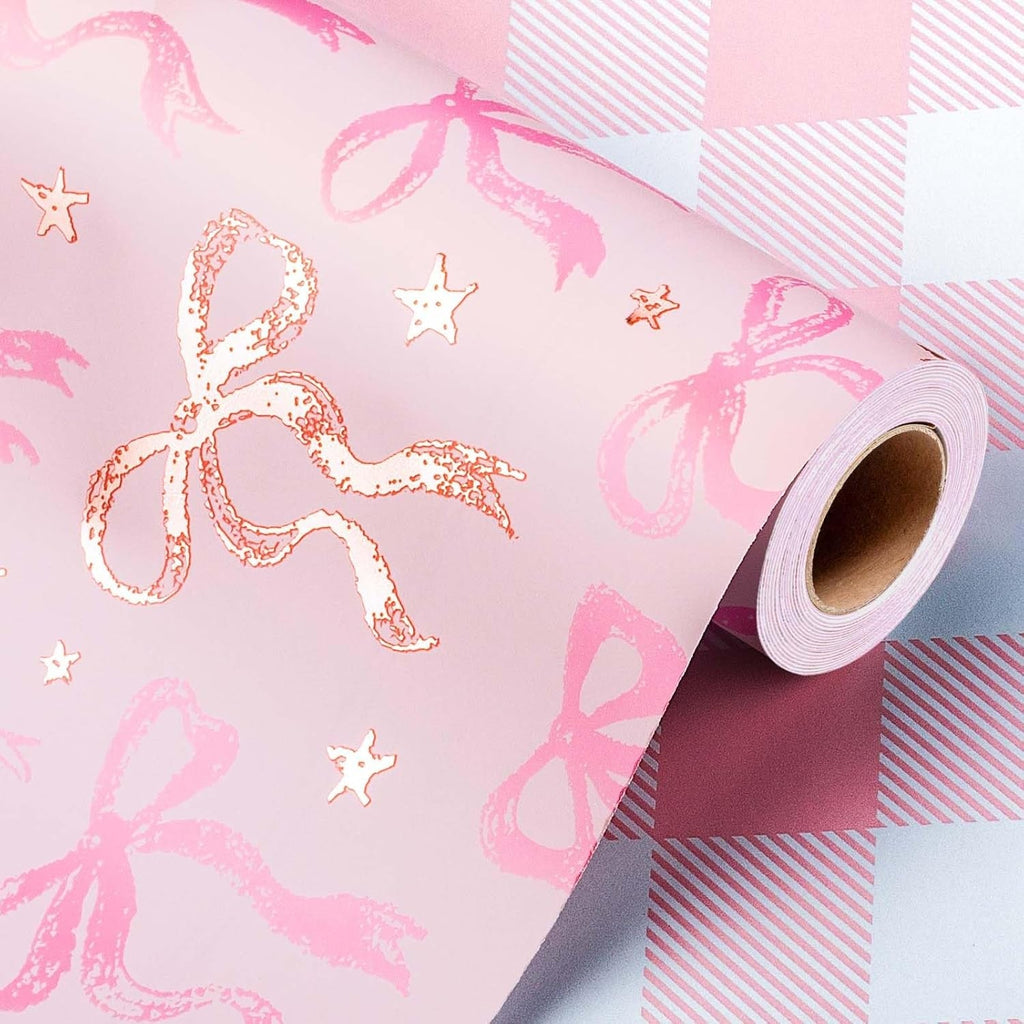 Cute Wrapping Paper, Pink Bow and Plaid Design Reversible Gift Wrap Paper Roll for Valentines Day, Mothers Day, Wedding, Baby Girl Birthdays, Christmas - 43Cm X 10M