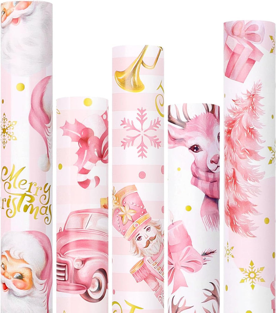 Pink Christmas Wrapping Paper - 5 X 3M Pink Xmas Wrapping Paper Rolls for Gift Boxes Festival Decoration, 43.2CM Wide, 15M