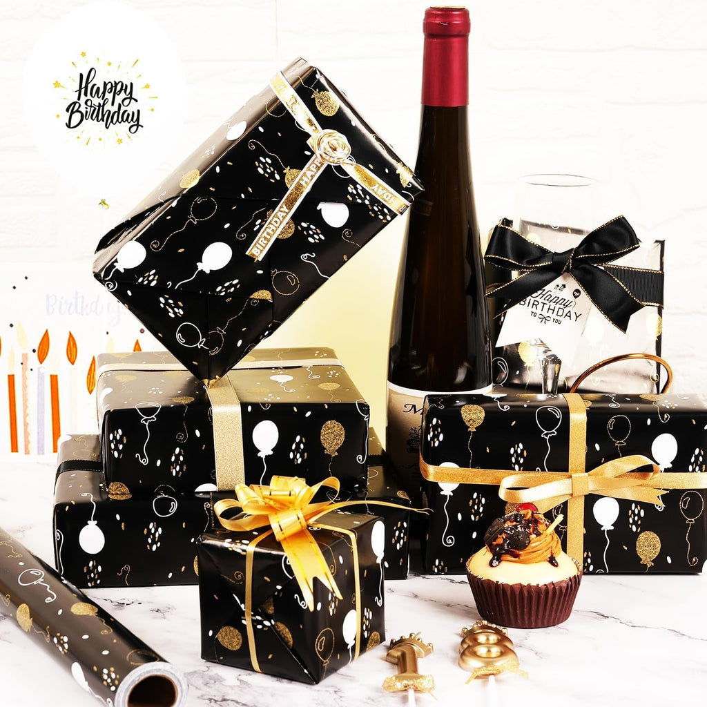Black Birthday Wrapping Paper Roll - Metallic Dots and Balloon Design, 43Cm X 10M Black Gold Wrapping Paper for Women Men, Luxury Gift Wrap Paper for Birthday Christmas Wedding Baby Shower Party