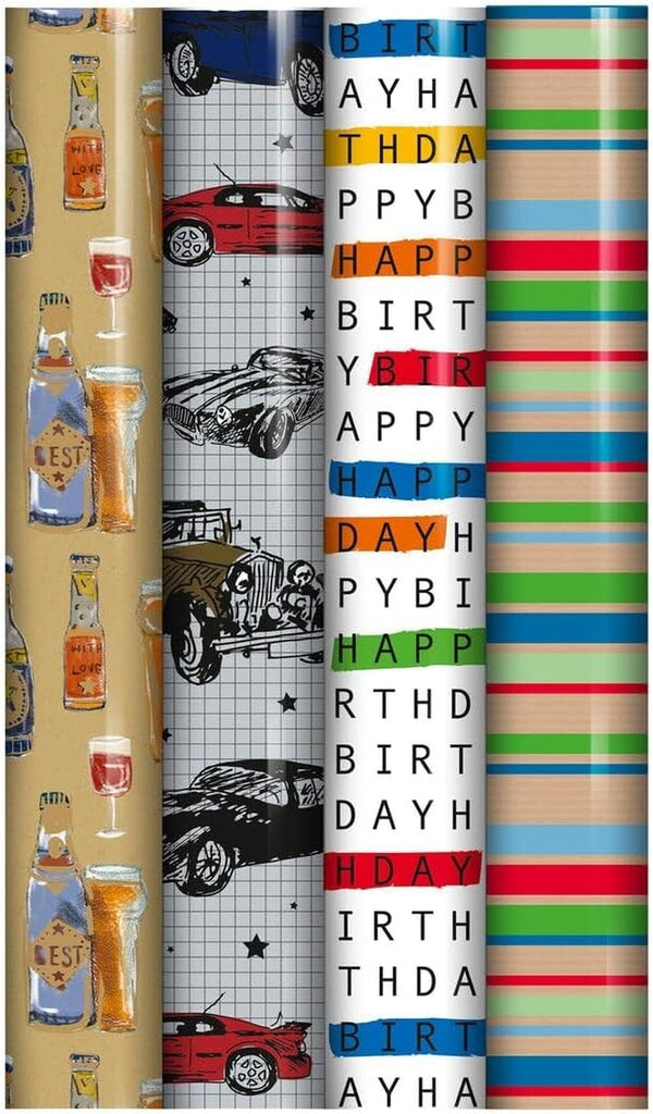 Pack of 4 X 3M Happy Birthday Gift Wrapping Paper Roll - Assorted Designs