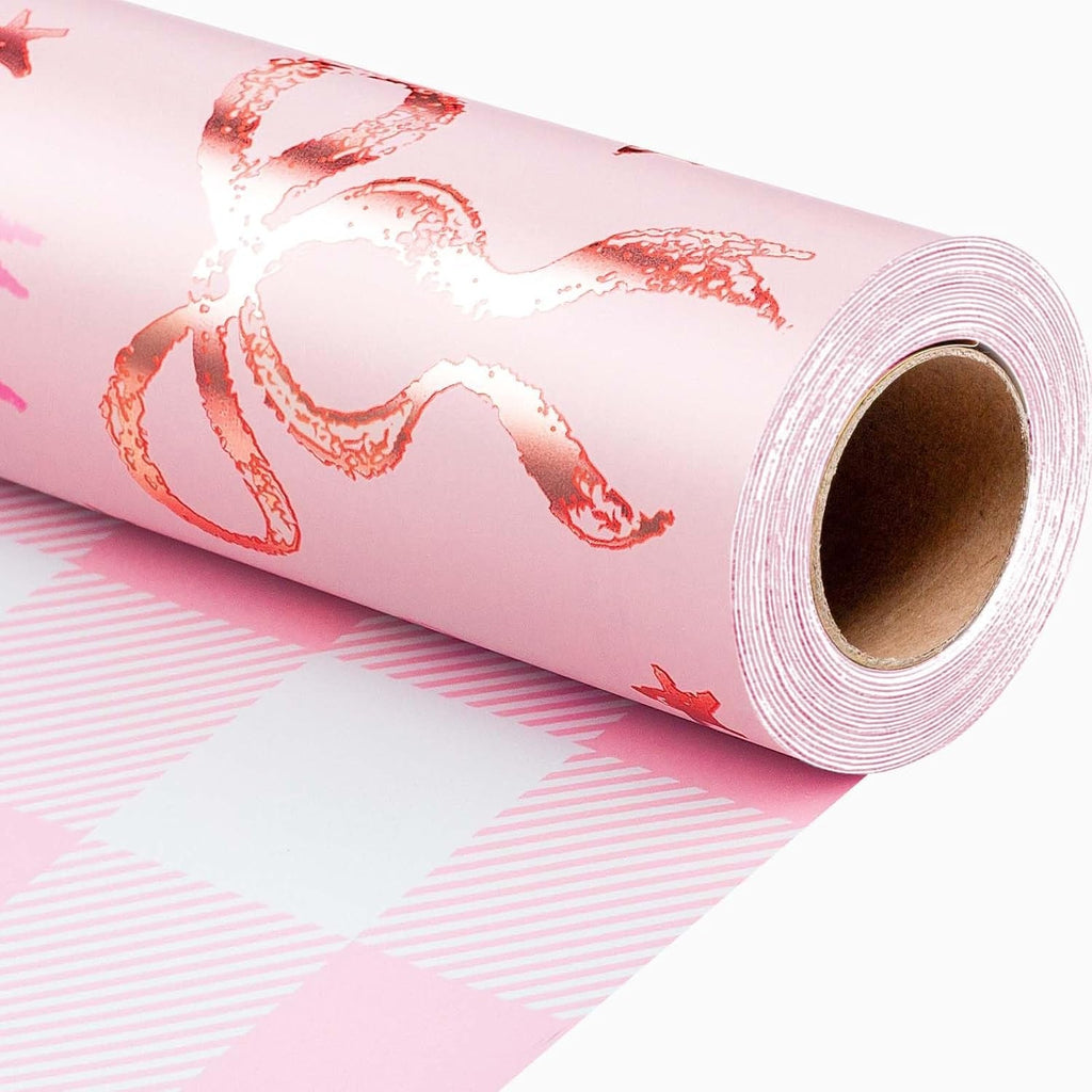 Cute Wrapping Paper, Pink Bow and Plaid Design Reversible Gift Wrap Paper Roll for Valentines Day, Mothers Day, Wedding, Baby Girl Birthdays, Christmas - 43Cm X 10M