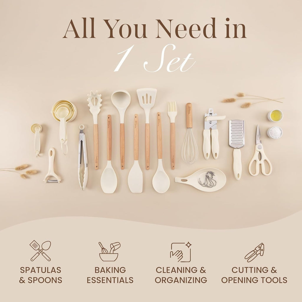 Kitchen Non Stick Cooking Utensils Set – Heat Resistant Silicone Utensils with Wooden Handle – Ladles, Spoons and Spatulas Set – Kitchen Tools & Accessories – 35Pcs, Cream – by
