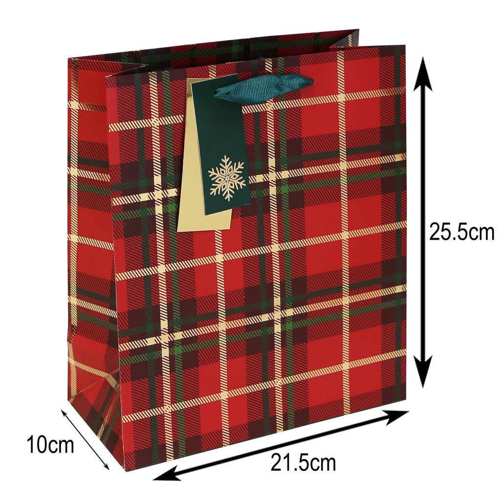 Christmas Gift Bag with Gift Tag Tartan Print 25.5Cm X 21.5Cm X 10Cm