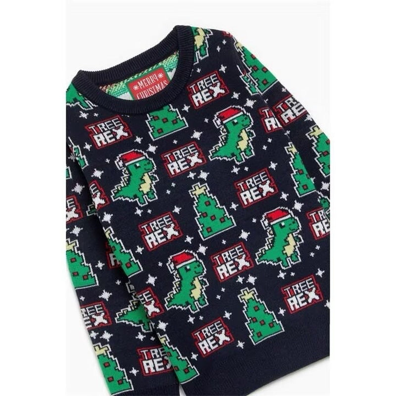 T-Rex Christmas Knitted Jumper Dinosaur Sweater Tree-Rex Dino Size 2-3 / 3-4 NEW