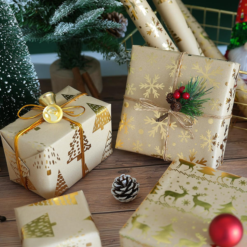 Christmas Wrapping Paper Rolls, Metallic Gold Foil - Brown Kraft Xmas Wrapping Paper Rolls, Gift Wrapping Paper for Women Men, Wrapping Paper for Christmas New Year Winter, 3 Rolls, 43Cm X 3M per Roll