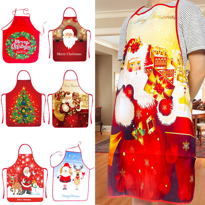 Women Men Christmas Print Apron Kitchen Restaurant Cooking Work Bib Apron Party