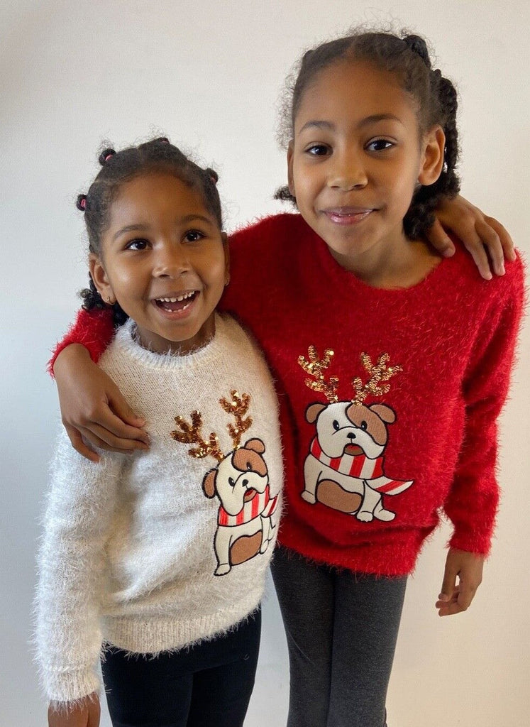 Christmas Jumper Kids Girls Bull Dog Xmas Knit Sweater Pullover Red 3-12 YRS