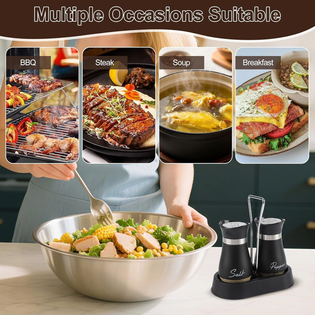 Salt and Pepper Sets,Salt and Pepper Shakers Sets with Holder,Set of 2 Stainless Steel and Glass Bottle Stainless Steel,Salt Shaker Dispenser for Cooking, BBQ (Black)