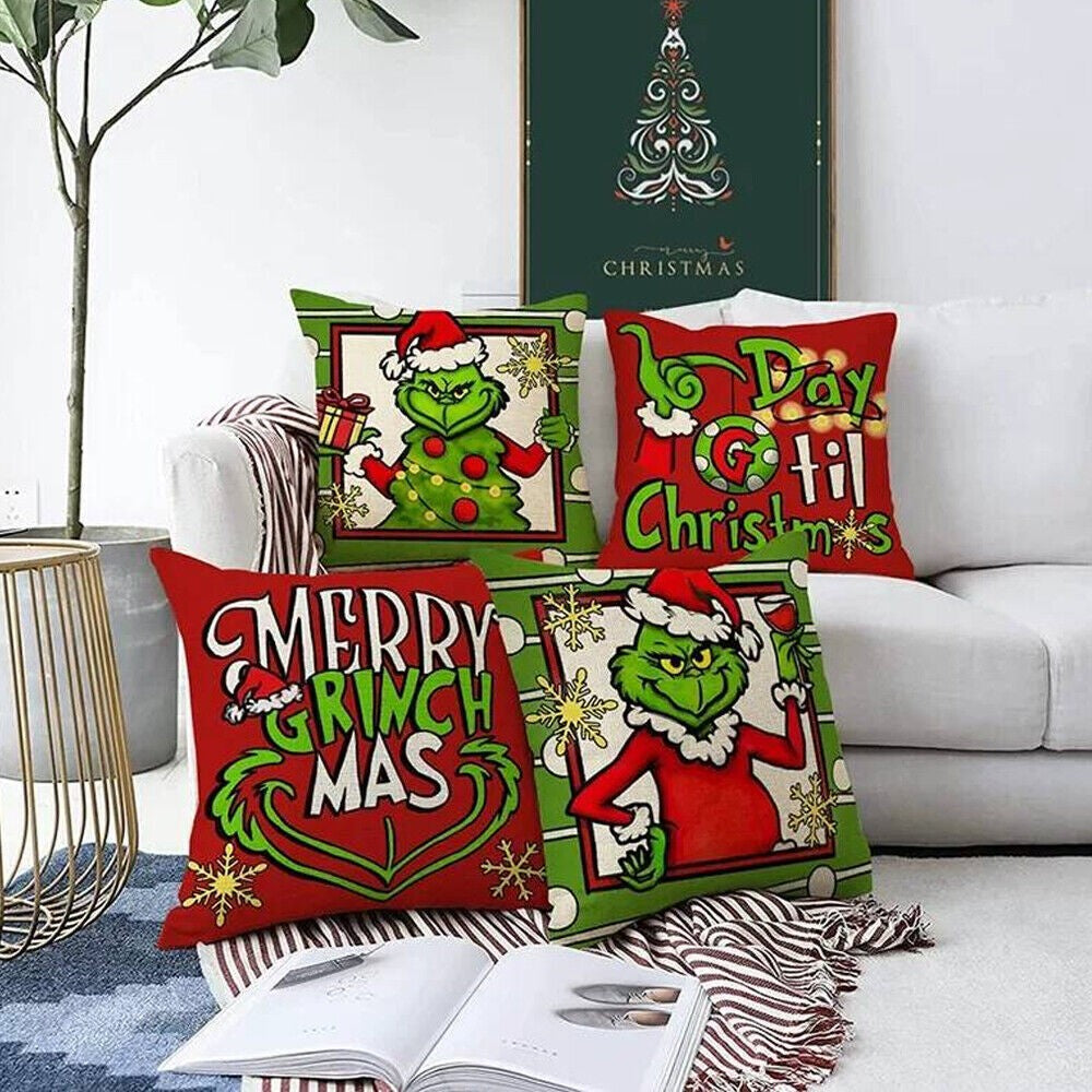 4Pcs Christmas Grinch Cushion Cover Pillow Case Xmas Sofa Pillowcase Decor~