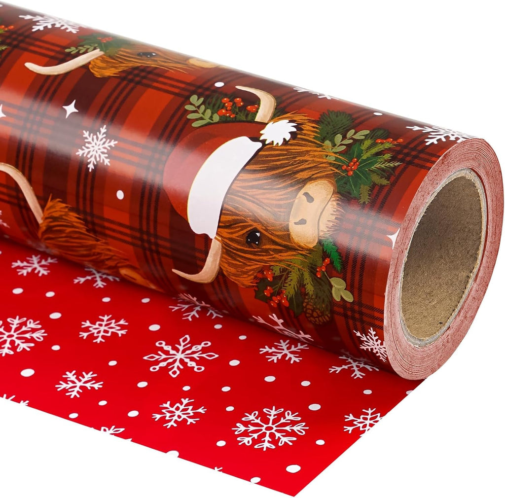 Reversible Cow Christmas Wrapping Paper - Mini Roll - 43.2Cm X 10M - Highland Cow and Snowflake Wrapping Paper for Xmas, Party Celebration
