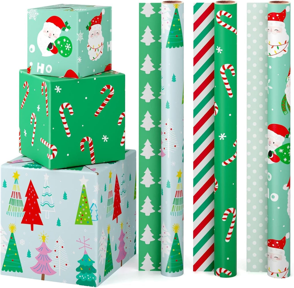 Reversible Christmas Wrapping Paper - 3 Rolls 17”X 120”Santa Wrapping Paper Rolls Classic Santa Winter Tree Candy Canes Gift Wrap Papers for Girls Boys Xmas Holiday Polka Dot Stripes Design