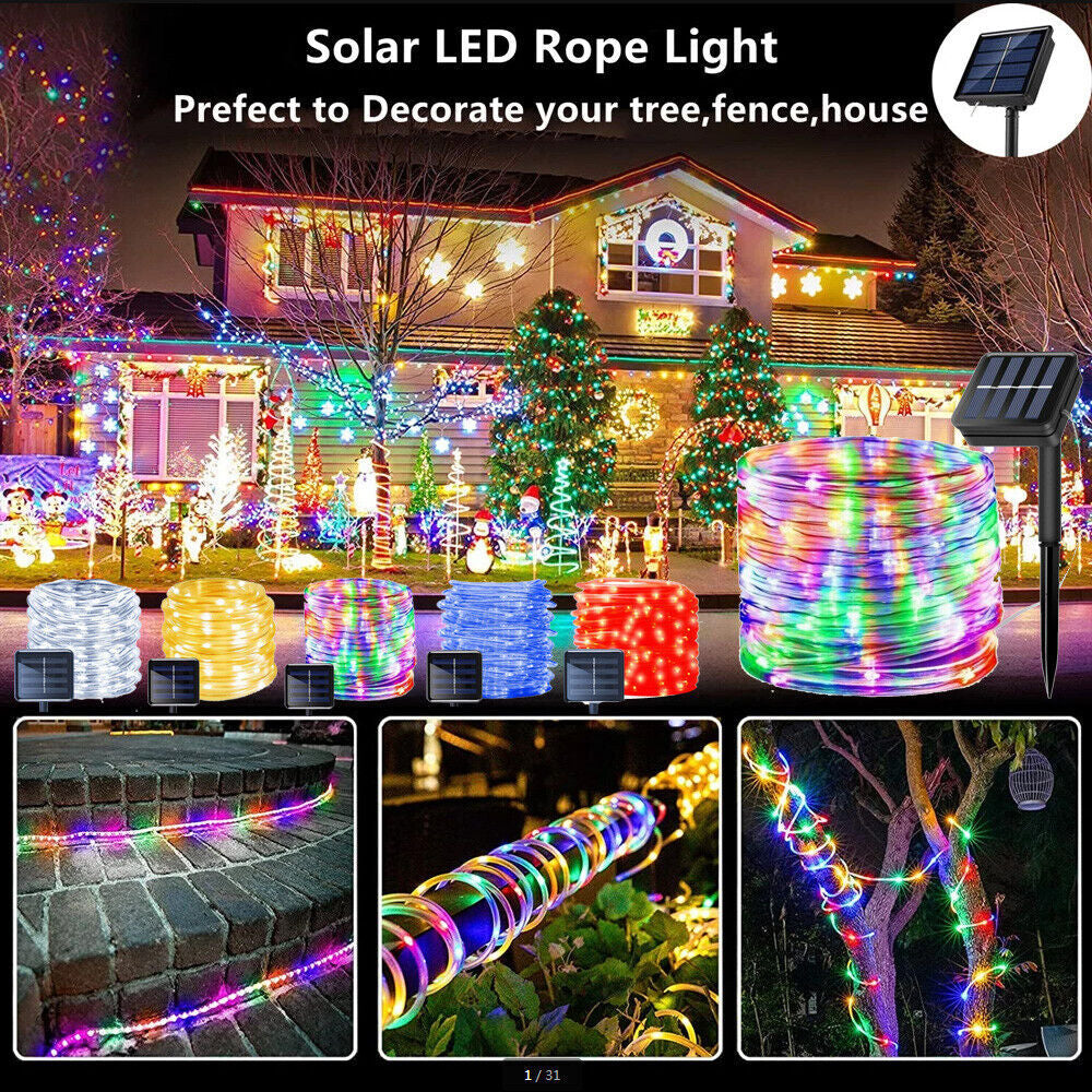 12M 100 LED Solar Rope Tube String Fairy Lights Strip Waterproof Garden Outdoor