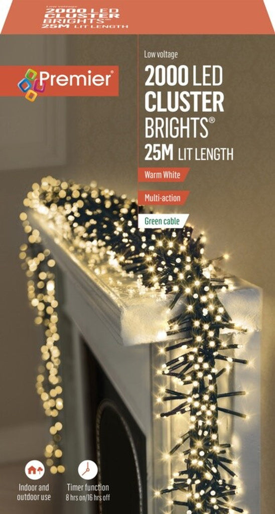 Premier 2000 LED Cluster Indoor Outdoor Christmas Tree Lights Timer - WARM WHITE