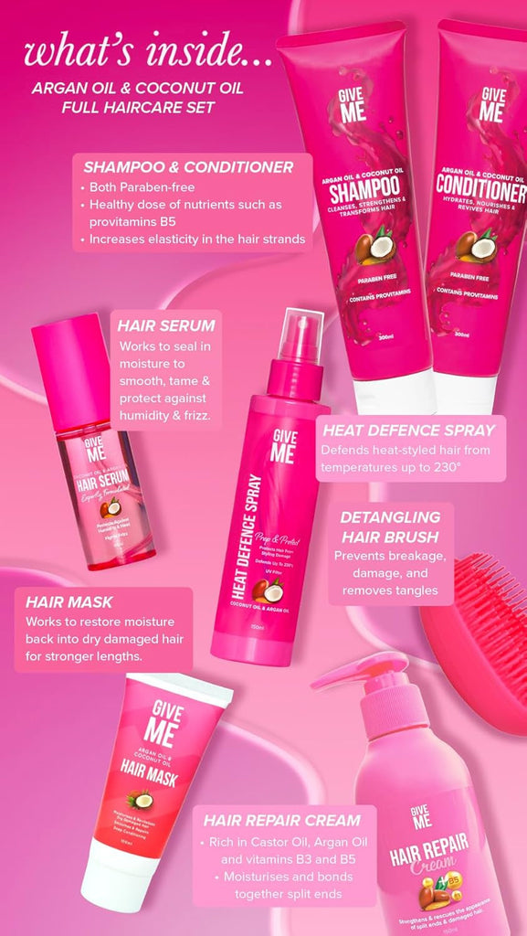 Cosmetics, Shampoo and Conditioner Sets, with Hair Mask, Heat Defence Spray, Repair Cream, Serum, Detangle Hairbrush, Argan & Coconut Oil, Paraben Free, Haircare Gift Set