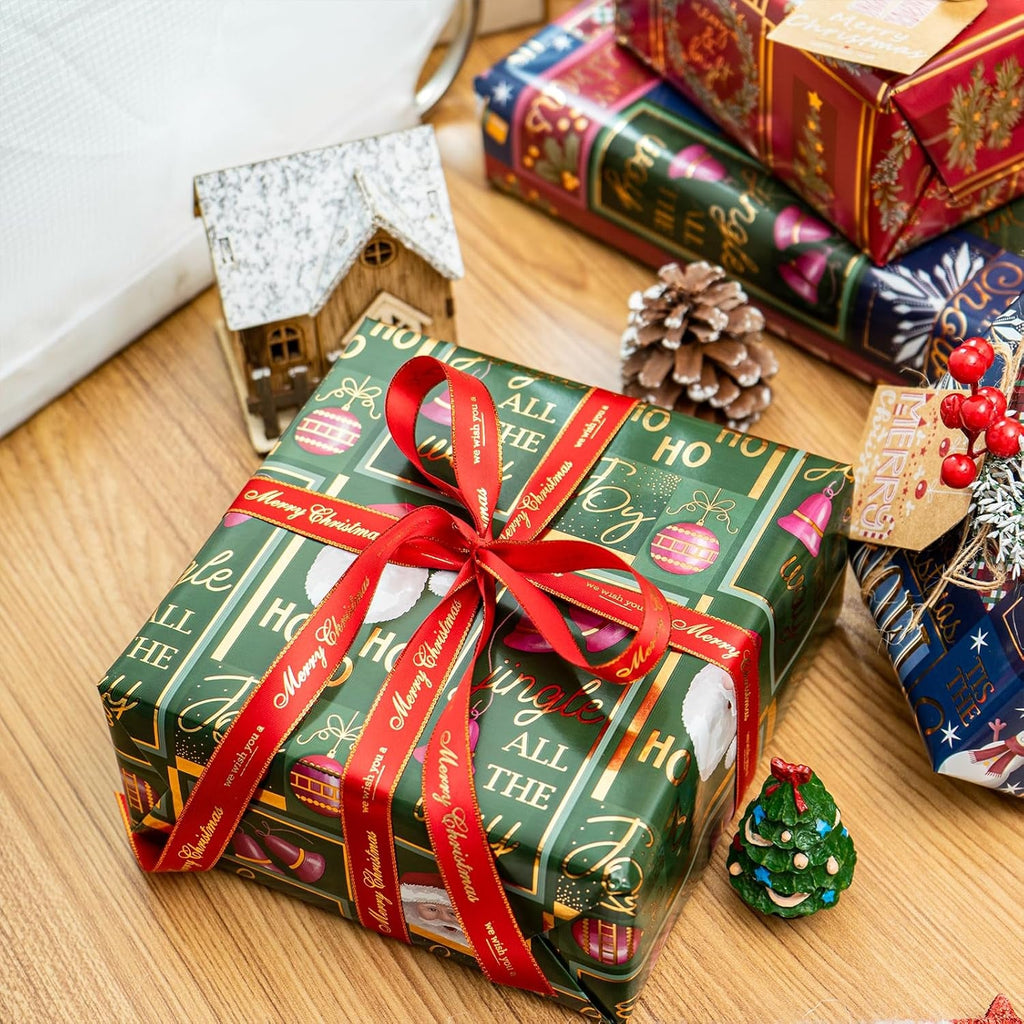 Christmas Wrapping Paper - Santa Claus, Snowman, Christmas Tree and Bell Design - 4 Rolls - 43.5X305 Cm per Roll