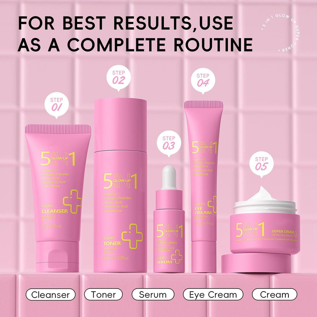 Korean Skincare Set,5In1 Skin Care Sets & Kits,Glow Skin Care Gift Set-5In1 Face Cleanser,Toner,Eye Cream,Beauty Gift Set for Teenage Girls(3Pcs)