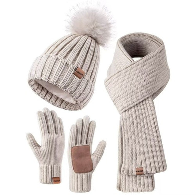 Hat Scarf and Gloves Set Ladies, Winter Beanie Hat for Women with Pom Pom Fleece