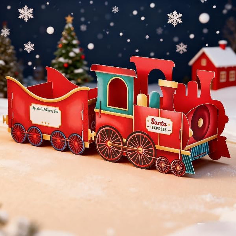 Santa Gift Train, Christmas Train Present, Whimsical Gingerbread-Style Christmas Cardboard Trains, Xmas Decoration Gifts Storage for Candy Stocking Stuffers (Red)