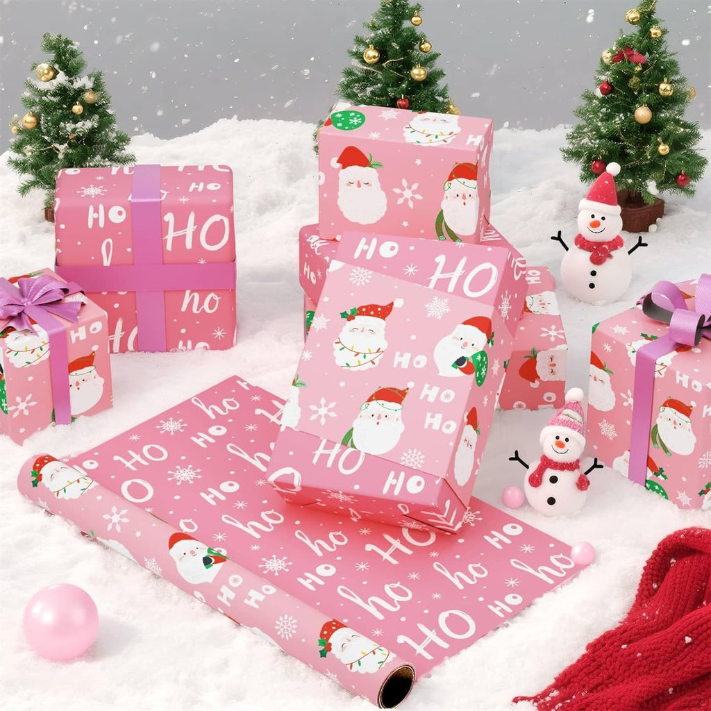 Christmas Wrapping Papers - 1 Roll 43Cm X 10M Santa Claus Gift Wrapping Paper Reversible Christmas Wraps Paper for Boys Girls HOHO Design Pink Gift Wrap for Winter Holiday Present Decoration
