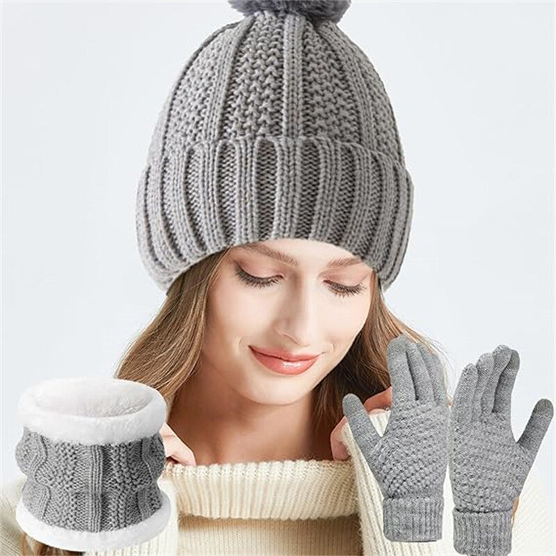 Womens Girls Thick Knit Hat Scarf and Touchscreen Gloves Set Knitted Winter Gift
