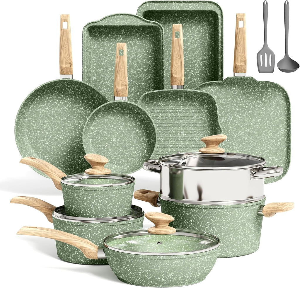 17 Pcs Pots and Pans Set Non Stick, Induction Kitchen Cookware Set, Green Healthy Nonstick Granite Coated Saucepans Frying Pans Set, PFOA & PFOS Free