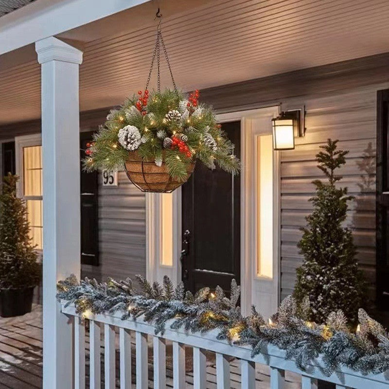 Pre-Lit Artificial Plants Hanging Basket Decorated with Berry Frosted Pine Cones