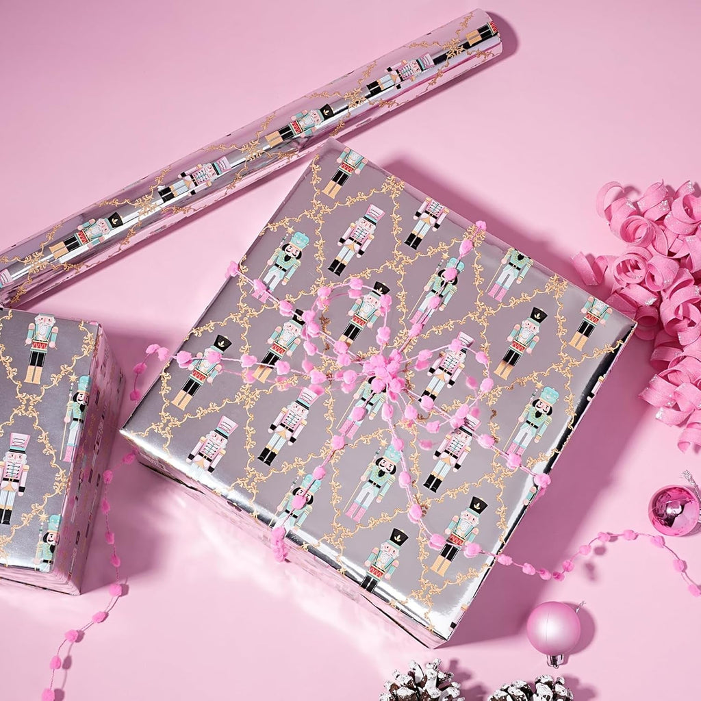 Christmas Foil Wrapping Paper - Mini Roll, Pink Nutcracker Gift Wrap for Christmas, Holiday, Xmas Party Celebration, 43Cm X 10M