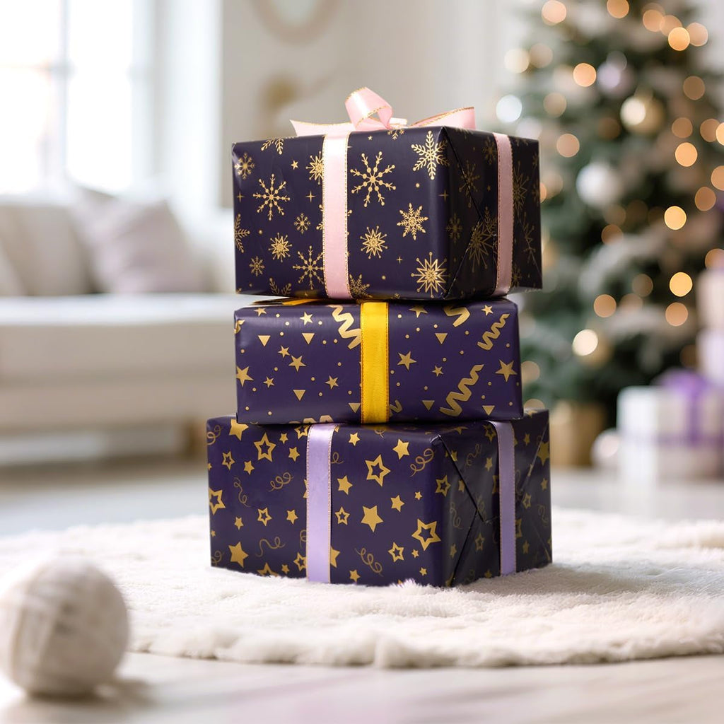 3 Rolls Blue Gold Gift Wrapping Paper, 43Cm*3M Wrapping Paper Print with Star and Snowflake for Christmas, Birthday, Festival Party Gift Decoration