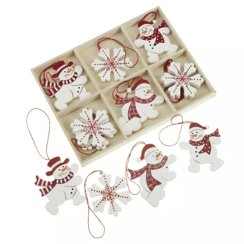 Snowman and Snowflake Wooden Christmas Tree Decorations Set of 12 Xmas Decs