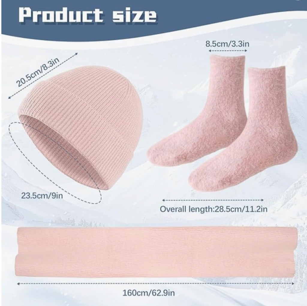4PCS Womens Pink Knitted Hat, Scarf, Touch Screen Gloves & Socks Set