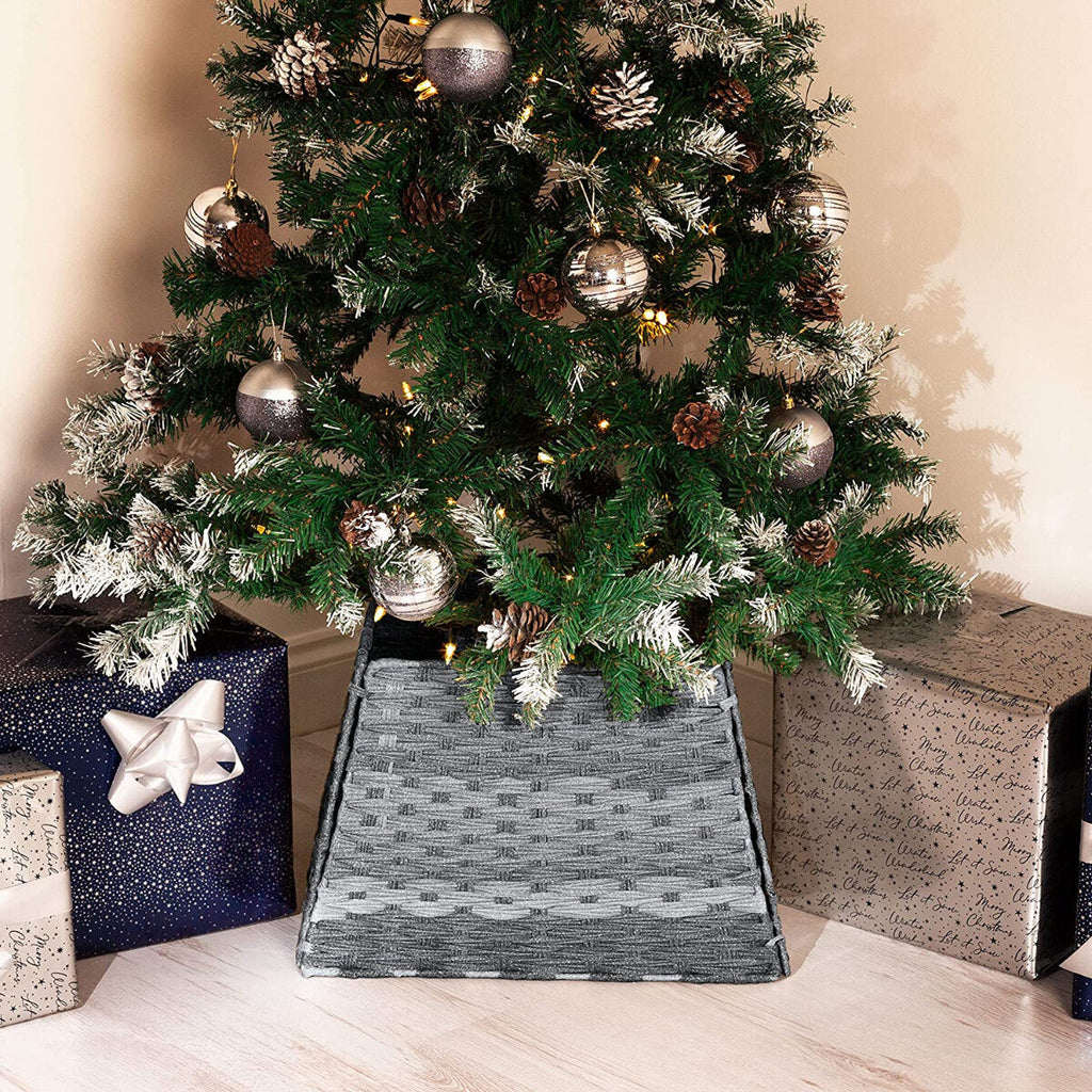 Xmas Christmas Tree Rattan Wicker Skirt Stand Base Basket Cover Tidy Decor Grey