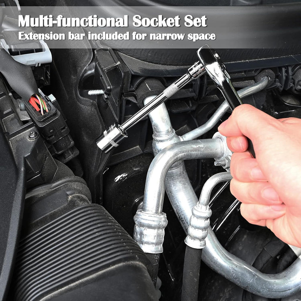46 Pieces 1/4" Drive Socket Set&Tool Sets, Ratchet Wrench Set with Bit Socket Set Metric and Extension Bar for DIY, Car Repair and Household with Storage Case