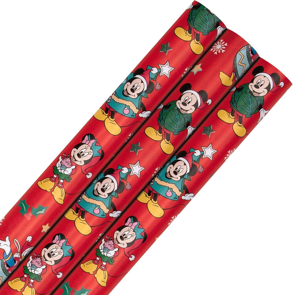 Wrapping Paper, Roll Wrap, Pack of 3, Disney, Mickey Mouse, Minnie Mouse, Christmas, Red, 4M Each