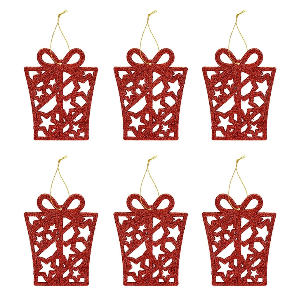 Glitter Christmas Tree Decorations Set of 6 Presents - Red