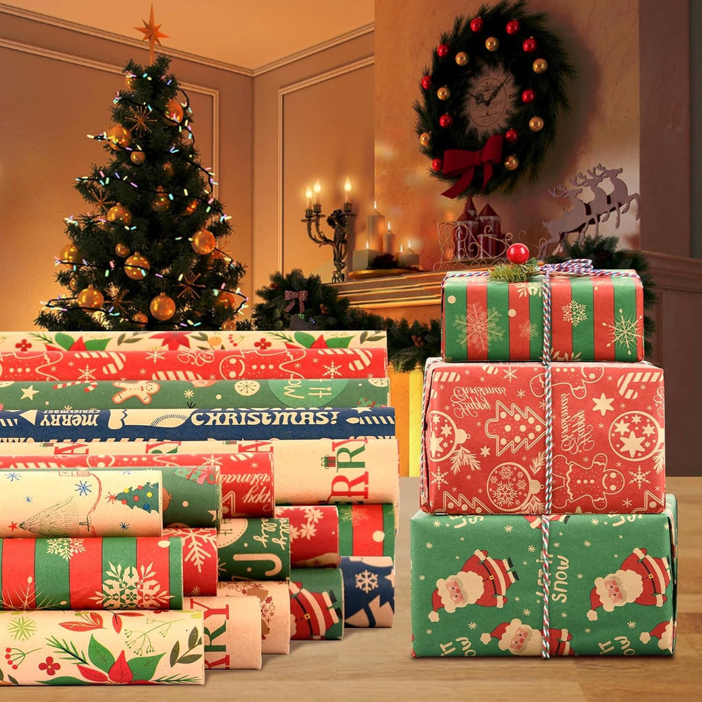 3 Rolls Christmas Wrapping Paper for Gift, 43Cm X 10M Xmas Wrapping Paper Rolls Recyclable Kraft Paper for Christmas Boxes Gift Wrap Birthday Festival Present Decorations