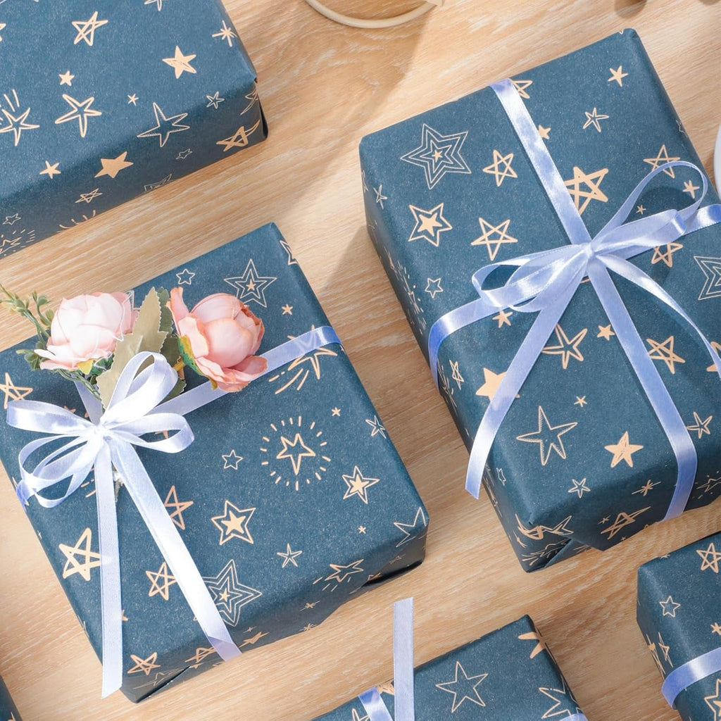25M X 43Cm Gift Kraft Wrapping Paper Roll, Star Blue Birthday Wrapping Paper for Birthday Gift Wrap Wedding Baby Shower Party