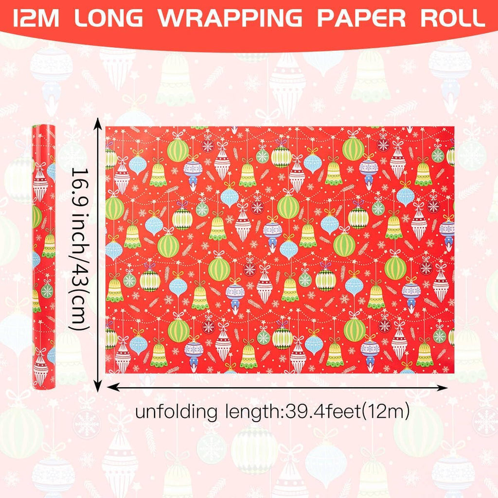 Christmas Wrapping Paper Roll,43Cm*12M Christmas Elements Collection Paper for Xmas Present (Red)