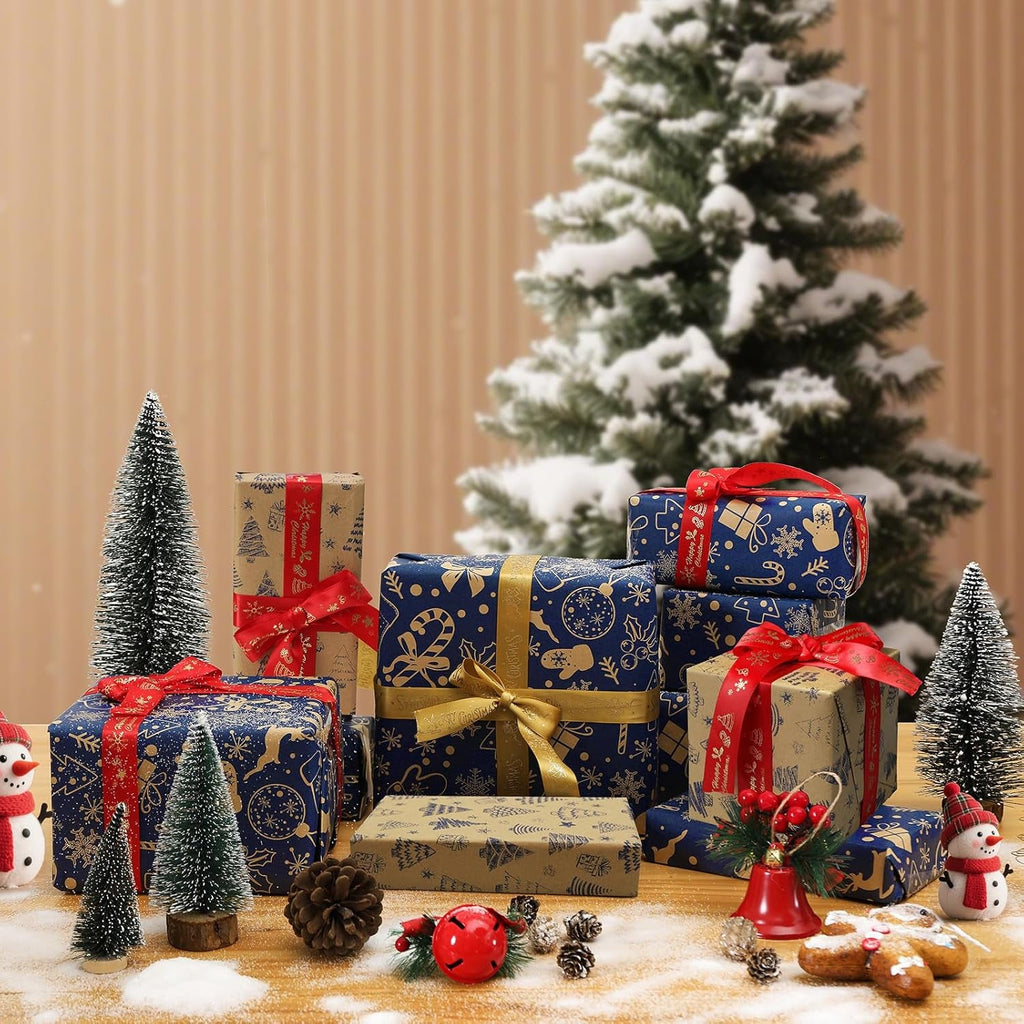 Christmas Wrapping Paper Roll for Xmas Gift Wrap, 43Cm*10M Luxury Blue Double-Sides Kraft Present Paper for Secret Santa Claus Ornament Party New Year Festive Holiday, One Roll_Two Packing Pattern