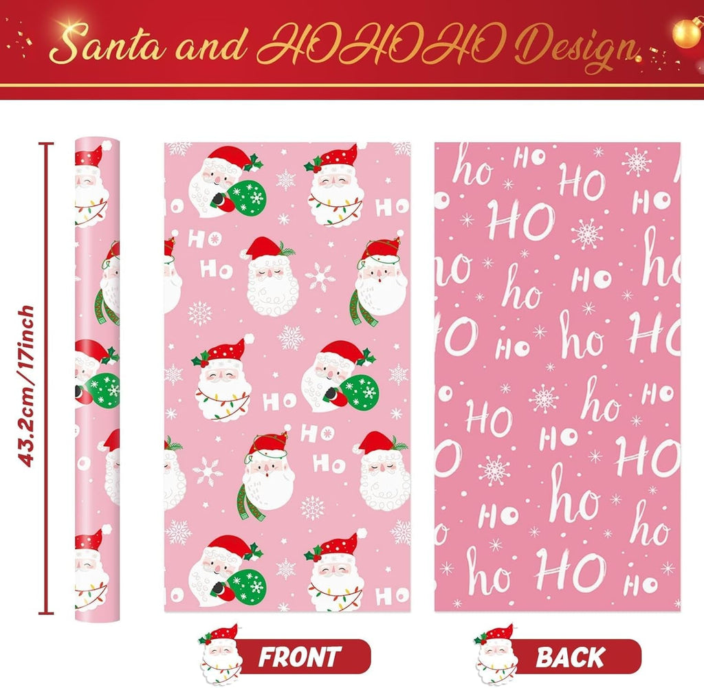 Christmas Wrapping Papers - 1 Roll 43Cm X 10M Santa Claus Gift Wrapping Paper Reversible Christmas Wraps Paper for Boys Girls HOHO Design Pink Gift Wrap for Winter Holiday Present Decoration