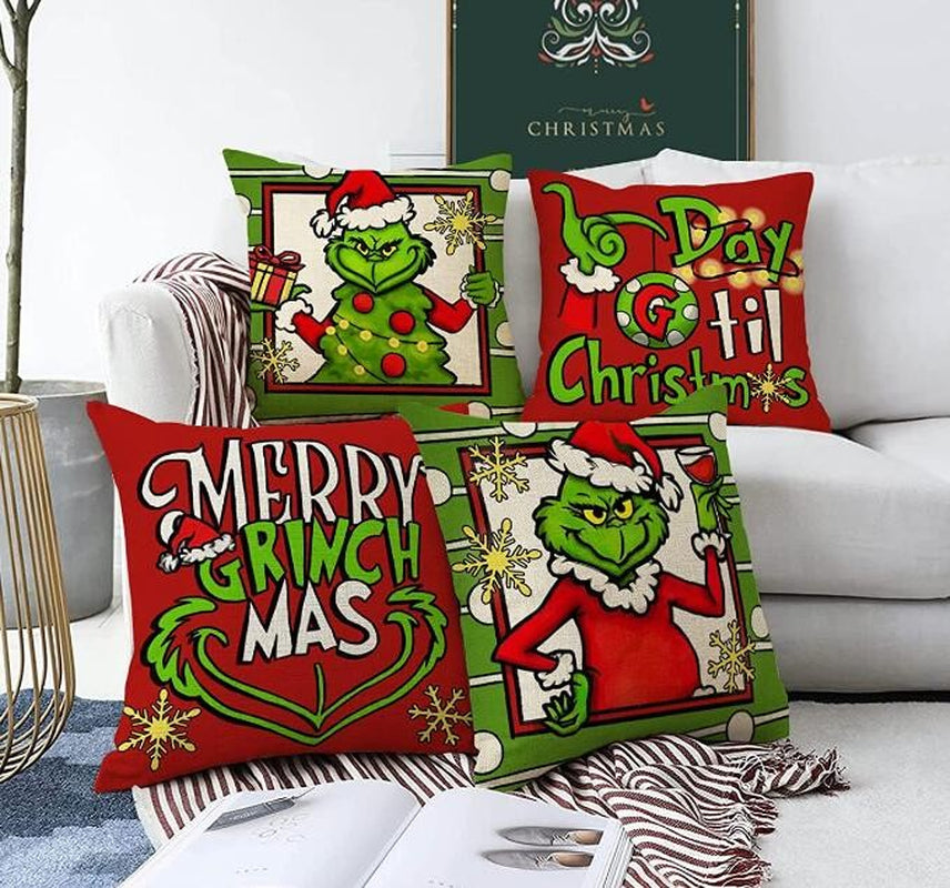 Pack of 4 Christmas Decor Cushion Covers Christmas Grinch Pillow Covers