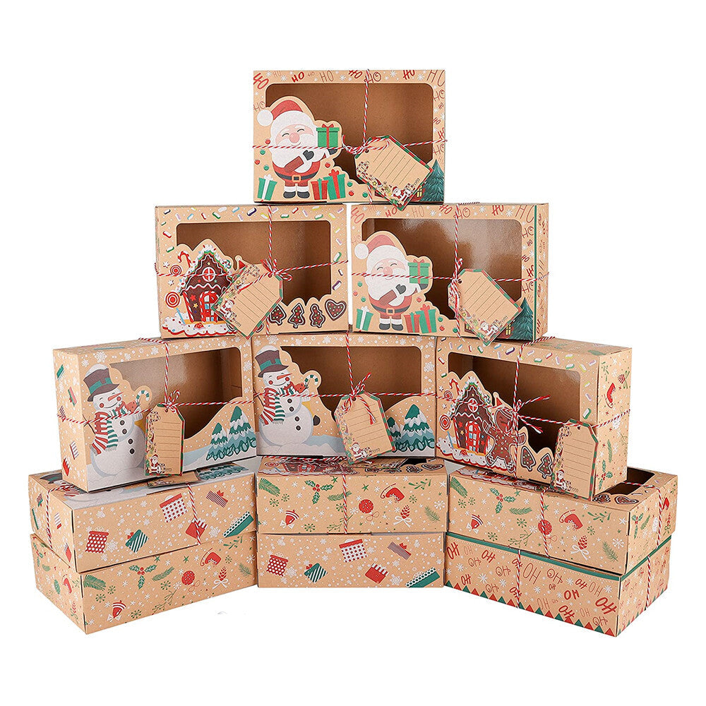 12PC Christmas Cookie Gift Box Kraft Paper Candy Gift Boxes Xmas Party Packaging