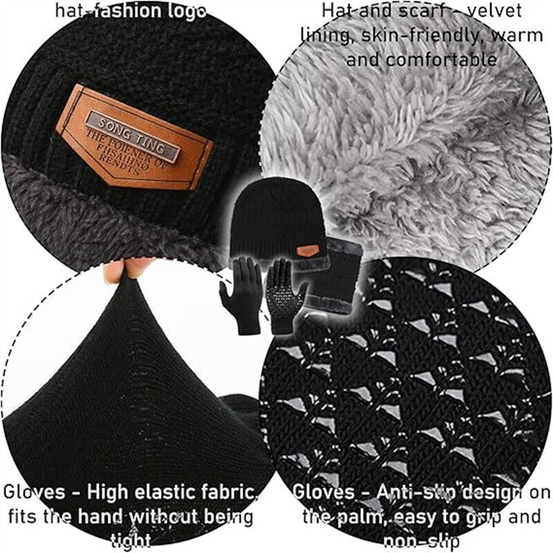 3PCS Hat Scarf Gloves Set Fleece Warm Knit Neck Warmer Wool Thermal Cap Outdoor