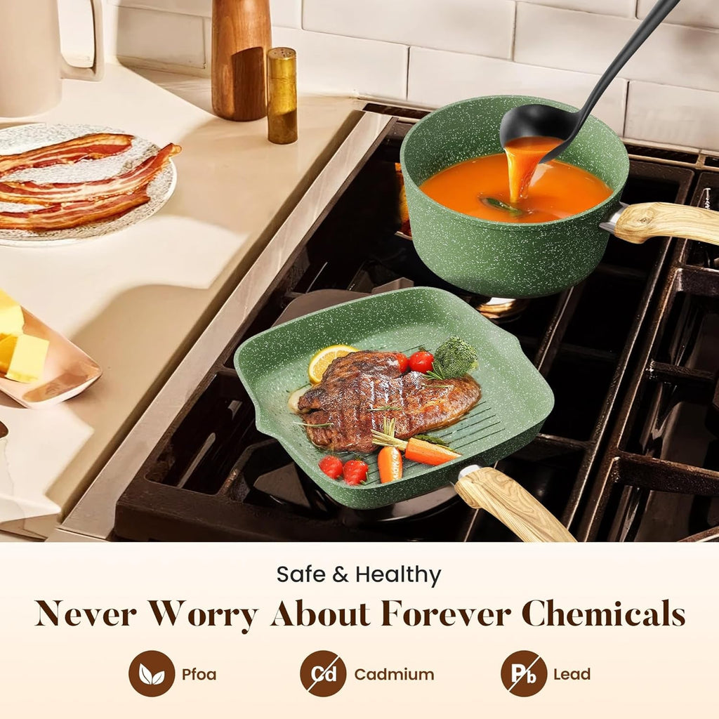 17 Pcs Pots and Pans Set Non Stick, Induction Kitchen Cookware Set, Green Healthy Nonstick Granite Coated Saucepans Frying Pans Set, PFOA & PFOS Free